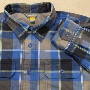 Eddie Bauer Travex Flannel Shirt Men L Blue Plaid Button Front L/S Gorpcore Work